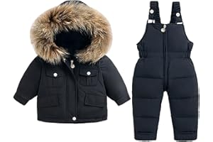 Toddler Boys Girls Snowsuit Hooded Down Jacket Ski Overall Pants Set Winter Waterproof Outdoor Sports Clothes