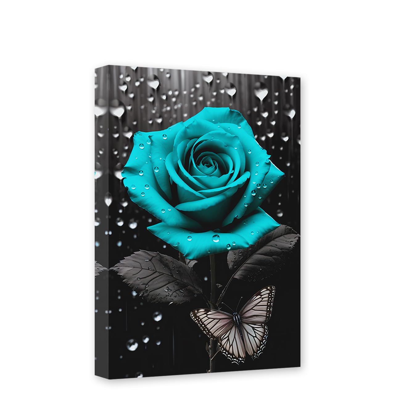 CCWACPP Teal Rose Canvas Wall Art Floral Pictures Wall Decor Black and White Flower Bloom Close Up Butterfly Painting Bathroom Decor Frame (Rose - 2, 12.00" x 18.00")