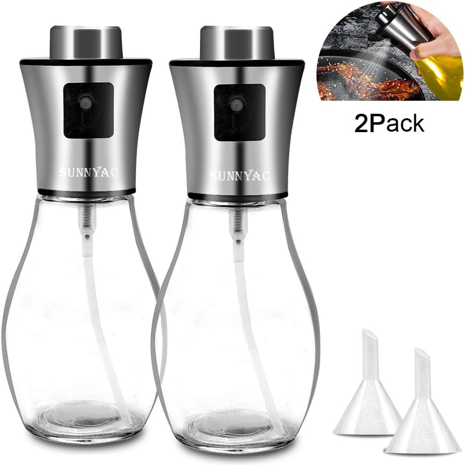 Sunnyac Olive Oil Sprayer for Cooking, Pack of 2 Refillable Stainless Steel Oil Dispenser with Mini Funnel, Vinegar Glass Spray Bottle for BBQ, Salad, Baking, Grilling, Roasting and Frying