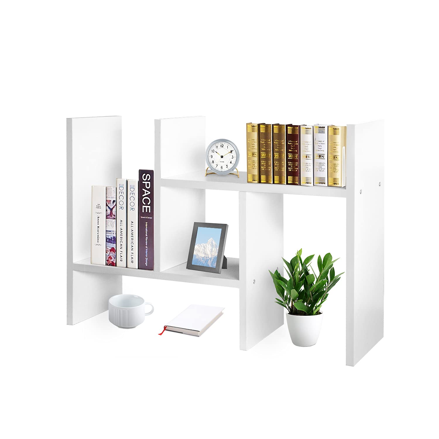 Photo 1 of J.M.Deco Desktop Organizers and Storage for Office, Adjustable Desktop Organizer Shelves Double H Display, Desktop Shelf Organizer True Natural Stand Shelf (White)