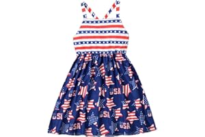 AKYZIC Girls 4th of July Outfit American Flag Dress Crisscross Back Red White and Blue Patriotic Dresses