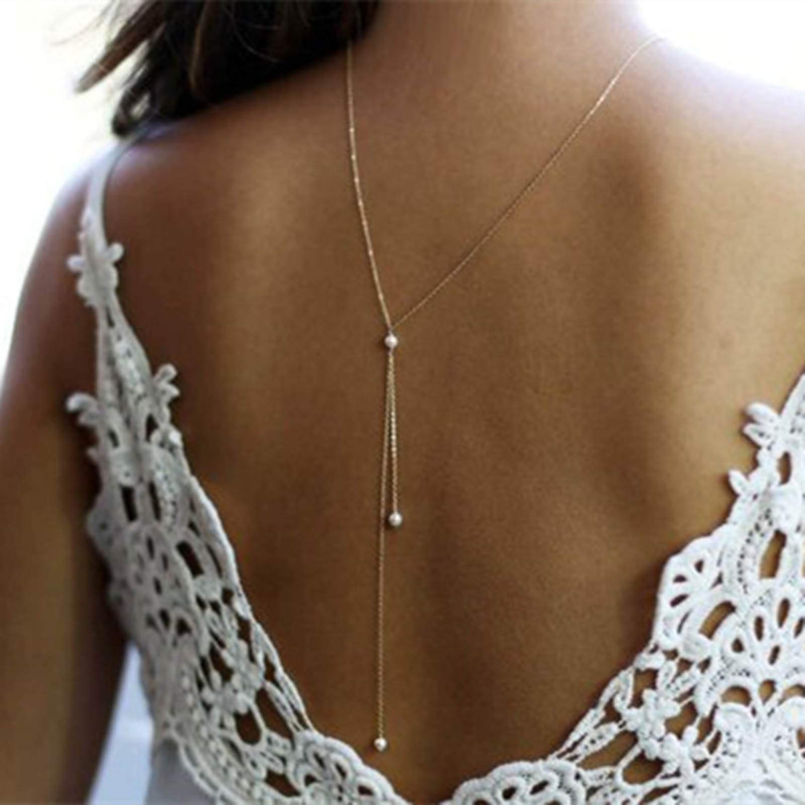 TseenYi Pearl Back Necklace Gold Long Drop Lariat Chain Necklace Bridal Wedding Jewelry for Women and Girls