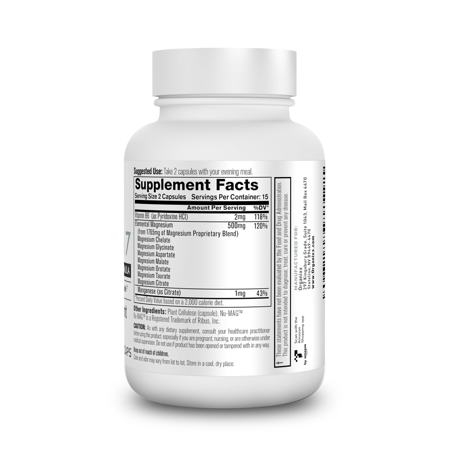 Organixx Magnesium Supplement, Natural Magnesium Capsules for Sleep Support, Muscle Recovery, with Vitamin B6 and Manganese Citrate and Glycinate, High Absorption, Vegan, Non GMO (30 Count)