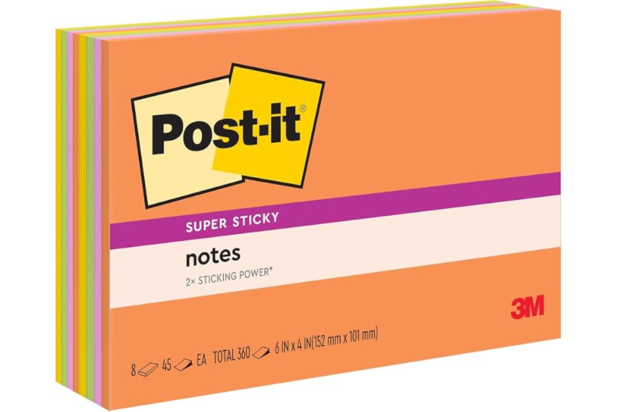 Post-it Super Sticky Notes, 6 x 4 in, Neon Fizz, 8 Pads, 45 Sheets/Pad | School Supplies and Oﬃce Supplies, 2X the Sticking Power