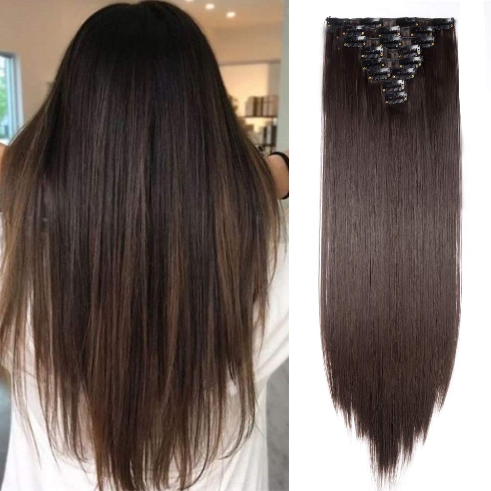 23" Long Straight 8 PCS Set Thick Clip in on Hair Extensions for Full Head Women Lady Hairpiece Darkest Brown — image 1
