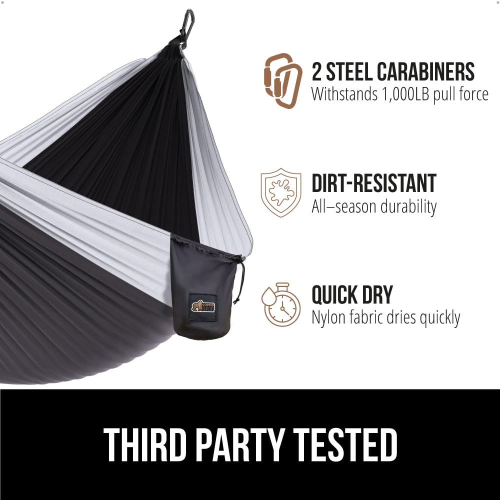 GORILLA GRIP Durable Portable Camping Hammock, Holds 400lbs with Heavy Duty Tree Straps, Comfortable Travel Swing, Camp Hammocks, Easy to Use and Install, Outdoor Essentials, Black, 9x4.5 FT