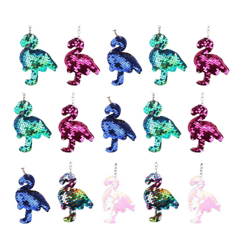 NUOBESTY 15Pcs Flamingo Sequin Keychains Shiny Flip Key Rings Bag Charms Party Bag Fillers for Girls Women Car House Keys
