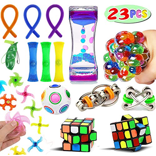 23 Pack Sensory Fidget Toys Set-Liquid Motion Timer/Rainbow Magic Ball/Stretchy String/Mesh and Marble Stress Relief Therapy Hand Toys Sensory Tools for Children and Adults Relief Anxiety