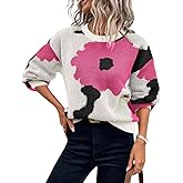 chouyatou Women's Cute Floral Printed Color Block Pullover Sweater Casual Crewneck Knit Jumper Tops