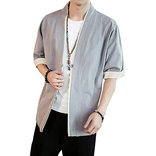 Men's Kimono Cardigan Japanese Jackets Casual Cotton Open Front