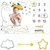CSFOTO Airplane Pilot Theme Baby Monthly Milestone Blanket Cartoon Airplane White Cloud Star Decor Photography Background Newborn Growth Record Prop Blanket 60 "x40 with Frames