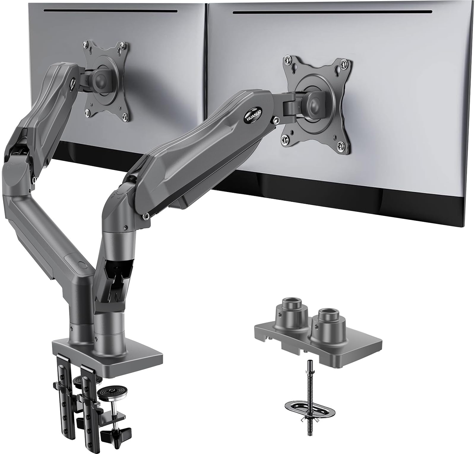 Photo 1 of HUANUO Dual Monitor Stand, Fully Adjustable Monitor Desk Mount for 13–32? Computer Screens, Full Motion VESA 75x75/100x100 with C-Clamp & Grommet Base, Each Arm Holds 4.4 to 19.8 lbs -Grey