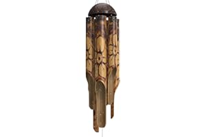 Nalulu Rustic Bamboo Wind Chimes - Outside Outdoor Wooden Windchimes, Large, Floral Burned Design with Coconut Crown, Handcrafted with Calming Deep Tones, Home Decor, Ideal Gift for Him & Her
