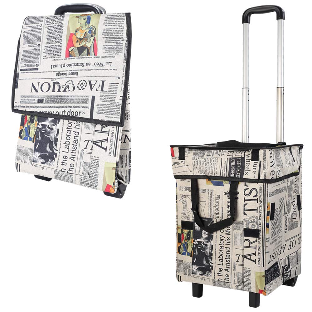 Falytemow Collapsible Utility Cart Foldable Reusable Shopping Trolley Bag with Wheels and Telescoping Handle Waterproof Oxford Fabric Folding Grocery Cart for Travel Home Kitchen (Poster)