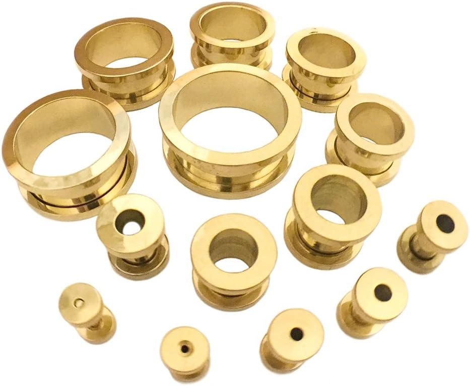 Gold Surgical Stainless Steel Screw-Fix Flesh Tunnels Ear Plugs 316L Ear Expanders Choose Your Size!