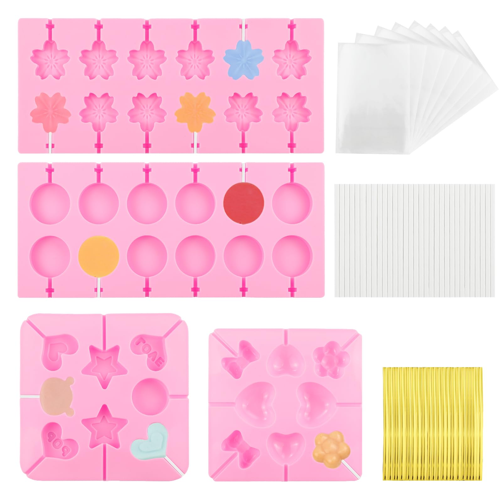 Photo 1 of 4 Pack Silicone Lollipop Molds, Chocolate Hard Candy Mold Baking Tool 8 and 12 Holes Set, Flower Mold with 100PCS Lollypop Sticks, Gold Ties, Treat Bags