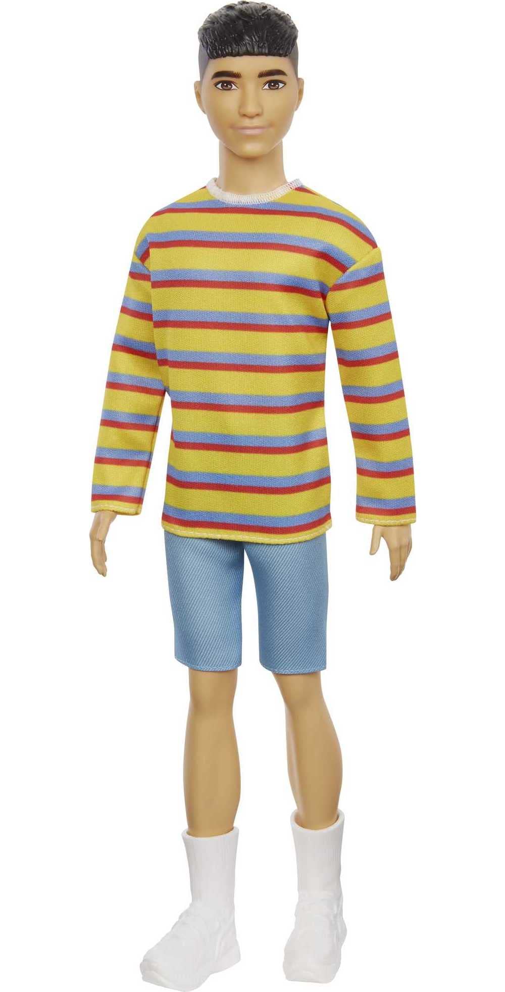 Barbie GRB91​ Ken Fashionistas Doll #175 with Sculpted Brunette Hair Wearing a Long-sleeve Colorful Striped Shirt, Multicolor, 31.75 cm*5.08 cm*11.43 cm