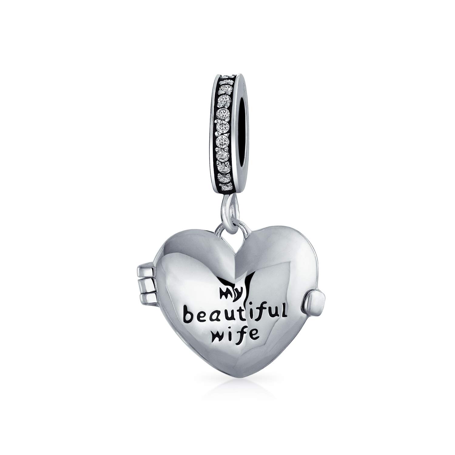 Bling Jewelry Personalized Words Saying Both Sides Saying MY BEAUTIFUL WIFE Dangle Heart Locket Charm Bead For Women Momenta Holder For Wife Oxidized .925 Sterling Silver