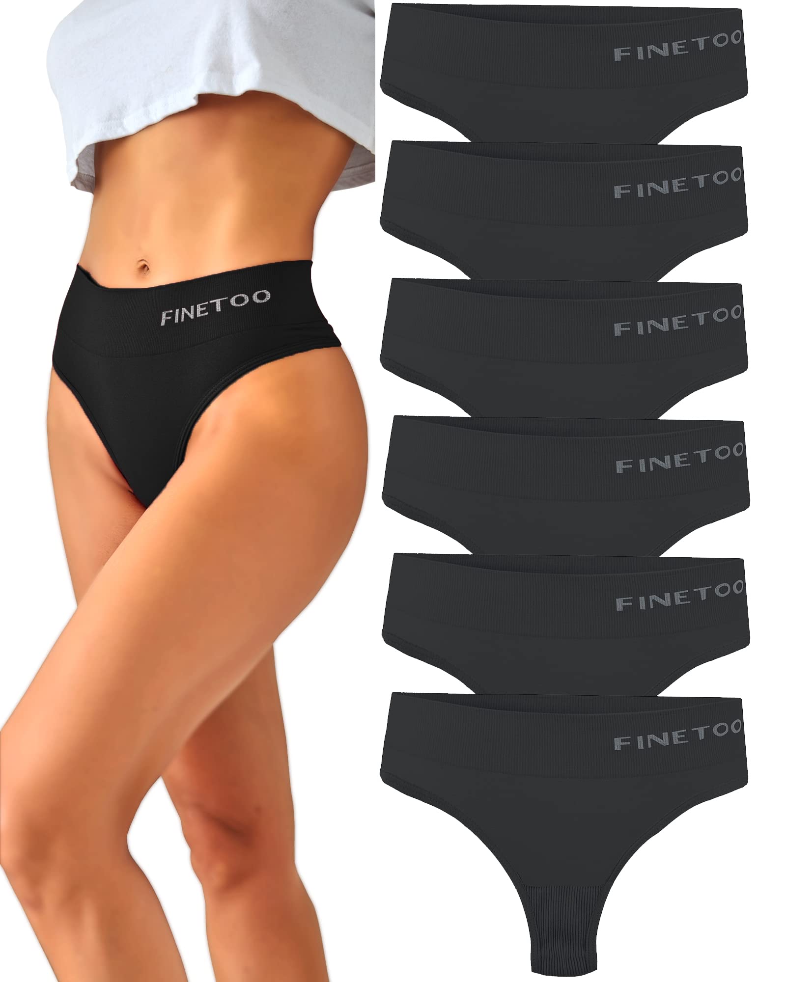 Photo 1 of FINETOO 6 Pack High Waisted Thongs for Women, Nylon Spandex Panties Breathable Soft Stretchy Underwear High Rise S-XL (L)