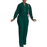 HBQ Women's 2 Piece Outfits Casual Tracksuit Long Sleeve Button Down Crop Top Wide Leg Long Pant Lounge Sets