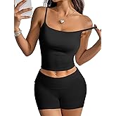 MOOSLOVER Women 2 Piece Lounge Matching Sets Padded Workout Set Cami Tank Top Fold Over Shorts Summer Outfits