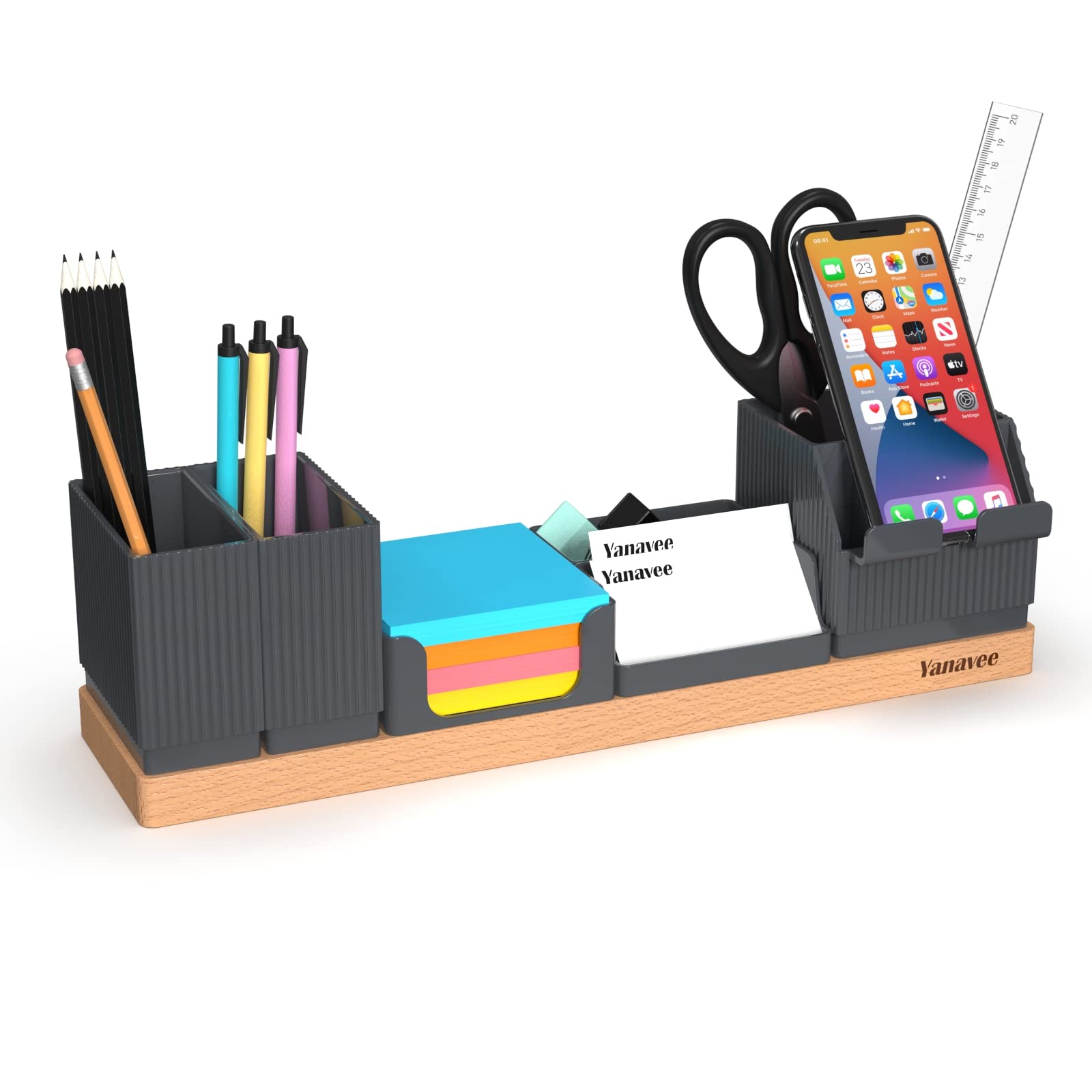 Yanavee Desk Organiser, Office Supplies Storage with Adjustable Phone Stand, Pen Holder, Name Card Holder, Pencil Cup, Sticky Note Tray, Supplies Caddy, Vesertile Desk Organiser for Home Office