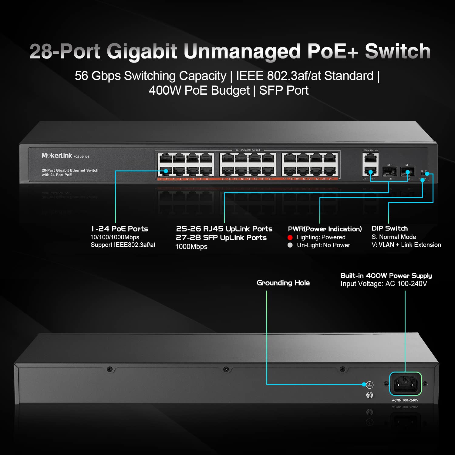 MokerLink 24 Port Gigabit PoE Switch, 2 Gigabit Ethernet Uplink, 2 Gigabit SFP, 400W IEEE802.3af/at, Rackmount Unmanaged Plug and Play Netzwerk Switch 3