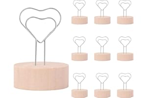 Oubest Silver Table Number Holders & Place Card Holders with Heart-shaped Metal Wire and Wooden Base - 10 PCS Picture Photo Sign Stands for Table, Centerpieces, Wedding, Party, Birthday Decor, Silver