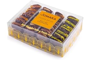 Jomara Premium Filled Dates Mix Pack 4 Flavors | 28oz / 800g | Natural Dates filled with Orange Peel, Caramelized Pecan, Roasted Almond or Pistachio| Healthy Dried Fruit for Snacking | Natural Source
