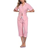 CF Pajama Sets for Women 2 Piece Soft Cotton Modal Short Sleeve Top With Capri Pants Button Down Summer Pjs for Women Set