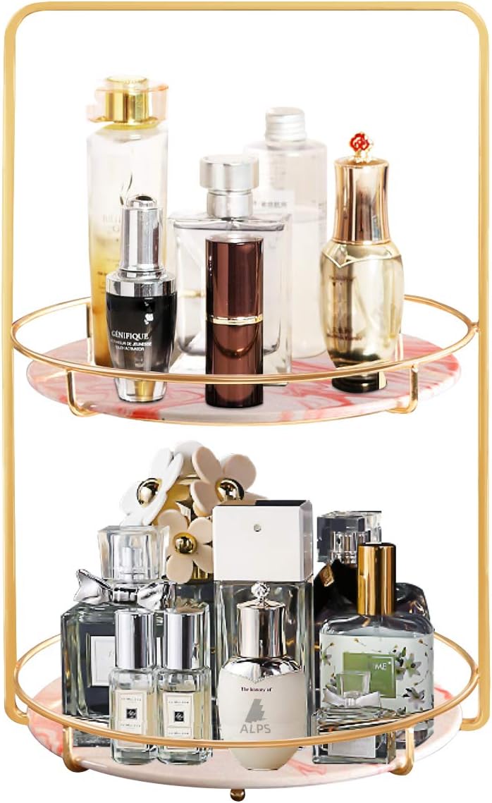 ALPS Decorative Marble Tray Cosmetic storage Rack Makeup Organizer Two Tier Jewelry Tray with Polished Gold Metal Handles for Skincare, Makeup Brushes, Lipsticks, Perfume
