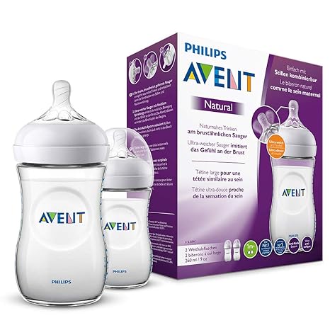 Philips Avent Natural Flasche SCF033/27, 260 ml, naturnahes Trinkverhalten, Anti-Kolik-System, transparent, 2er Pack