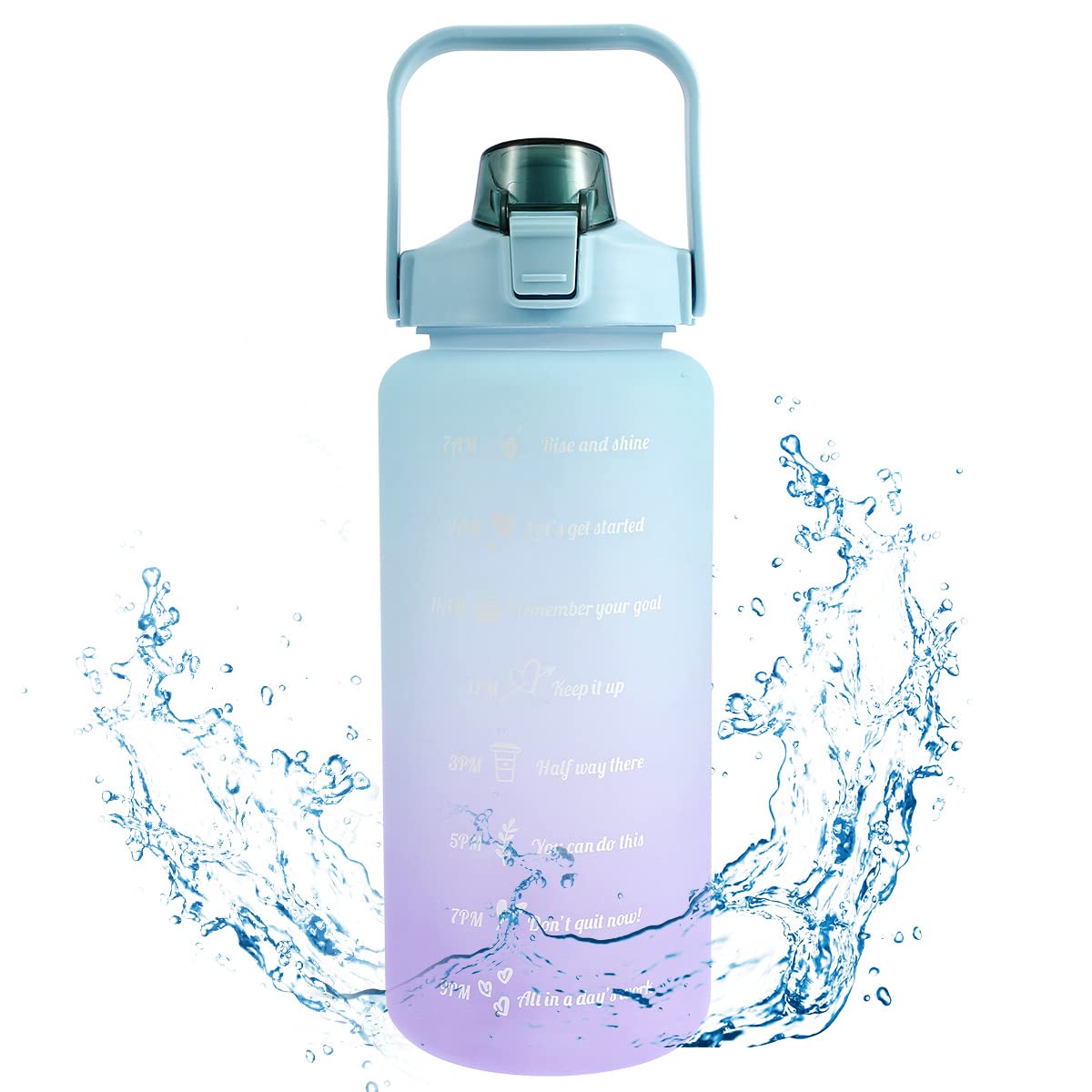 Ghopy 2L Water Bottle Motivational Water Bottle with Time & Capacity Marker BPA-Free Sports Daily Measured Tracking Time Marks Water Cup Ensure Drink Enough Water for Fitness Gym(Green cover)