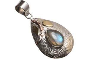 StarGems Natural Two Tones Blue Fire Labradorite Indian 925 Sterling Silver Pendant 2" T0347