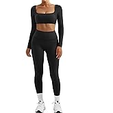 SUUKSESS Women 2 Piece Workout Sets Compression Tummy Control Leggings with Pockets Long Sleeve Square Neck Padded Crop Tops