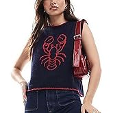 Women Graphic Sweater Vest Y2k Sleeveless Lobster Pullover Top Crew Neck Lightweight Fall Knit Tank Top