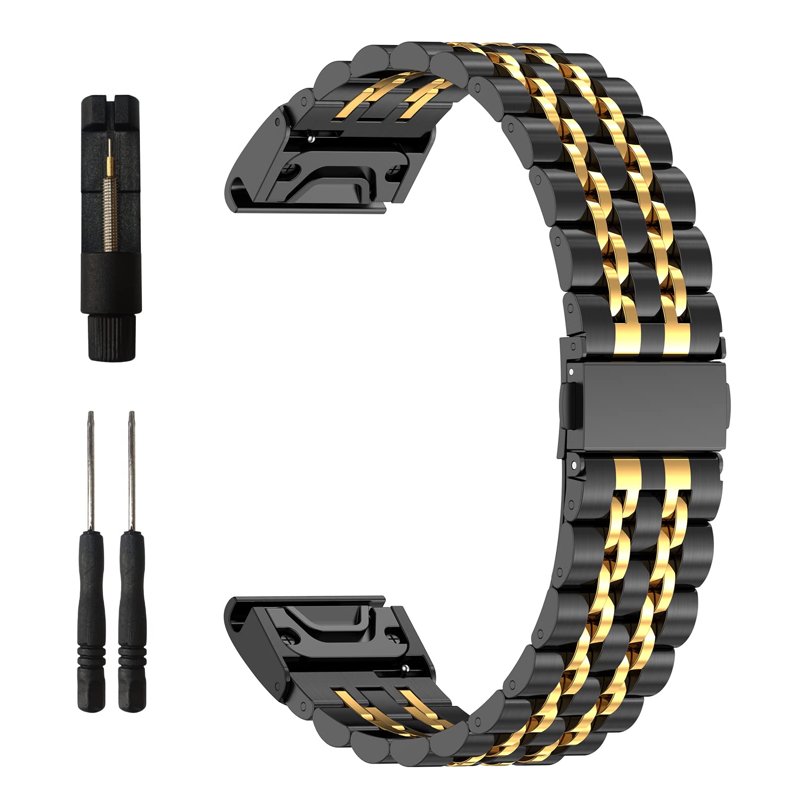 EZMVZKU 22mm QuickFit Metal Watch Strap for Garmin Fenix 7/7 Pro/6/6 Pro, Stainless Steel Replacement Watchband for Fenix 5/5 Plus/Forerunner 965/955/Approach S62/Quatix 7-blaclgold