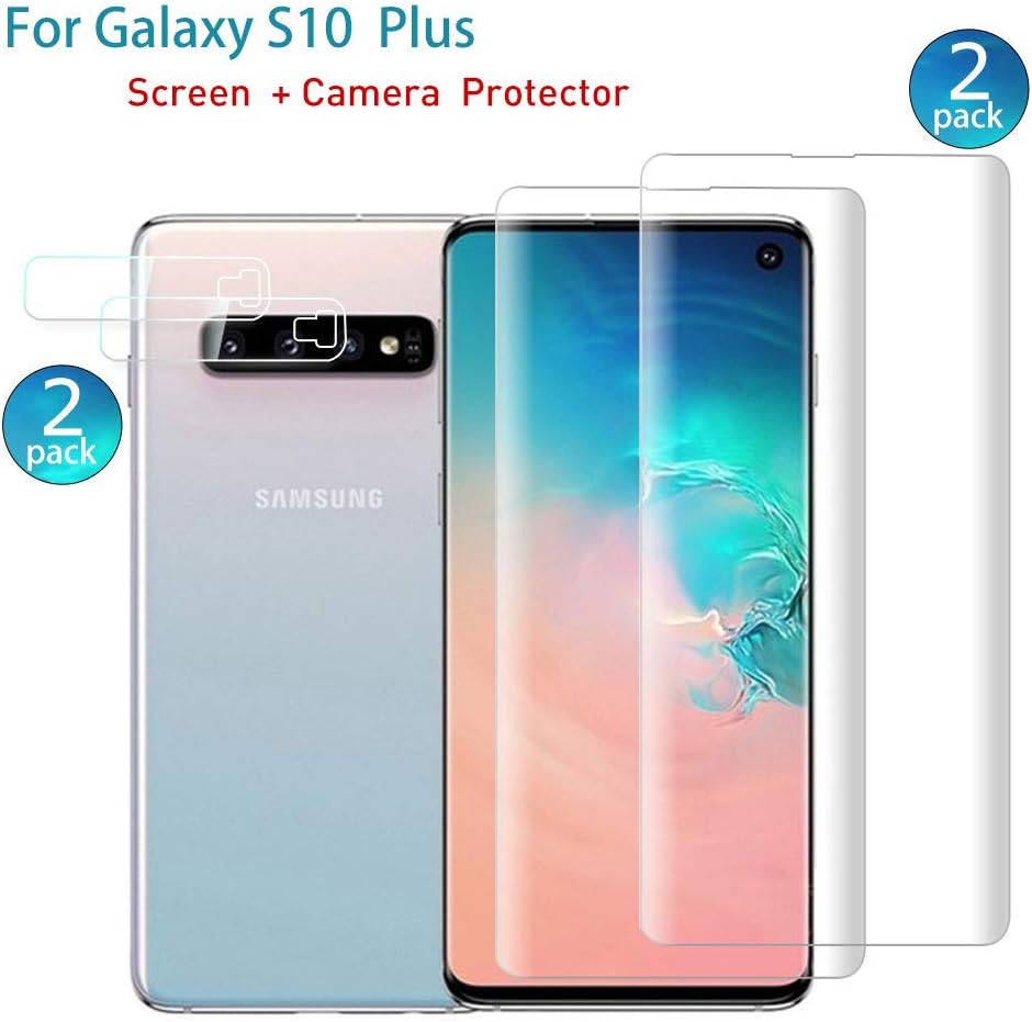 Tempered Glass Screen Protector with Camera Lens Protector for Samsung Galaxy S10 Plus, Full Screen Coverage Screen Protector, 3D Curved, HD Clear Anti-Bubble Film with Easy Installation. (2-Suit)