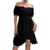 ZUNQKG Womens Off Shoulder Ruffle Puff Sleeve Tie Up Irregular Swiss Dot Mini Cottagecore Dress
