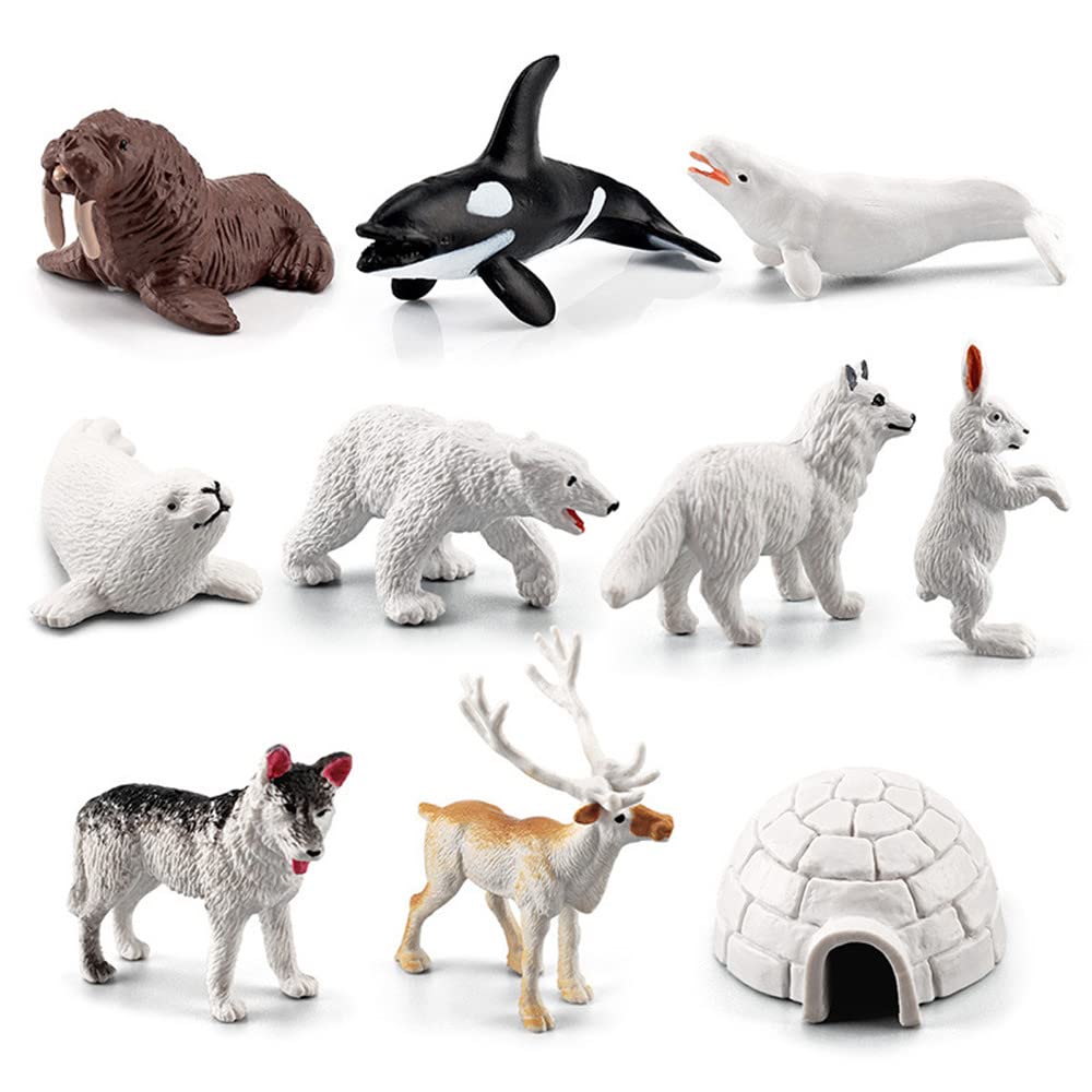 NatureMan Mini Arctic Animals Toys Set 10PCS Polar Animal Figurines Toy PlaysetIncludes Polar Bear Seal Reindeer Wolf Rabbit Arctic Fox Igloo for ToddlersBirthdayGift