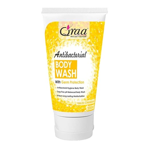 Qraa Antibacterial Body Wash with Goodness of Haldi Chandan, Germ Protection Shower Gel, Soap Free, Ph Balanced, Long Lasting Moisturizing, Sulfate Free Shower Gel, 200 ml
