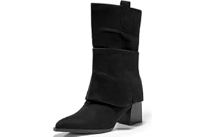 Coutgo Womens Fold Over Mid Calf Boots Slouchy Pointed Toe Chunky Heel Boots Pull On Winter Western Boot Shoes