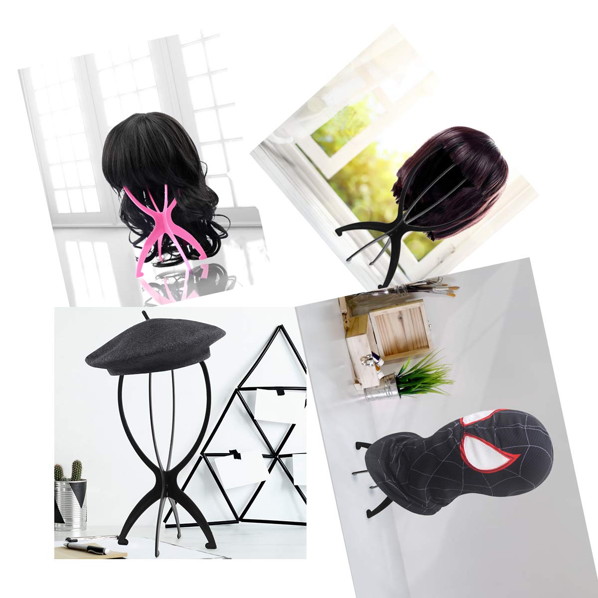 Wig Stand, 3 Pack Short Wig Stands for Wigs,14.2 Inch Wig Stand Holder,Portable Collapsible Wig Dryer,Wig Stands for Hats and Hairpieces - For Home, Salon and Travel (Black)