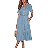 utcoco Women's Denim Shirt Dress with Belt Elegant Short Sleeve Button Down Midi Dress with Pockets