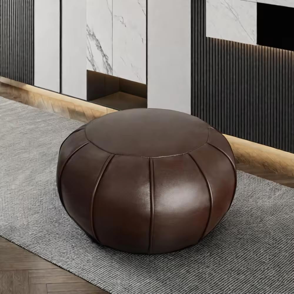 Louis Donné Premium Artisanal Leather Pouffe, Handmade Unstuffed Ottoman Pouf Cover, Footstool, Round Pouffe Foot Stool Floor Cushion ONLY COVER（dark brown）