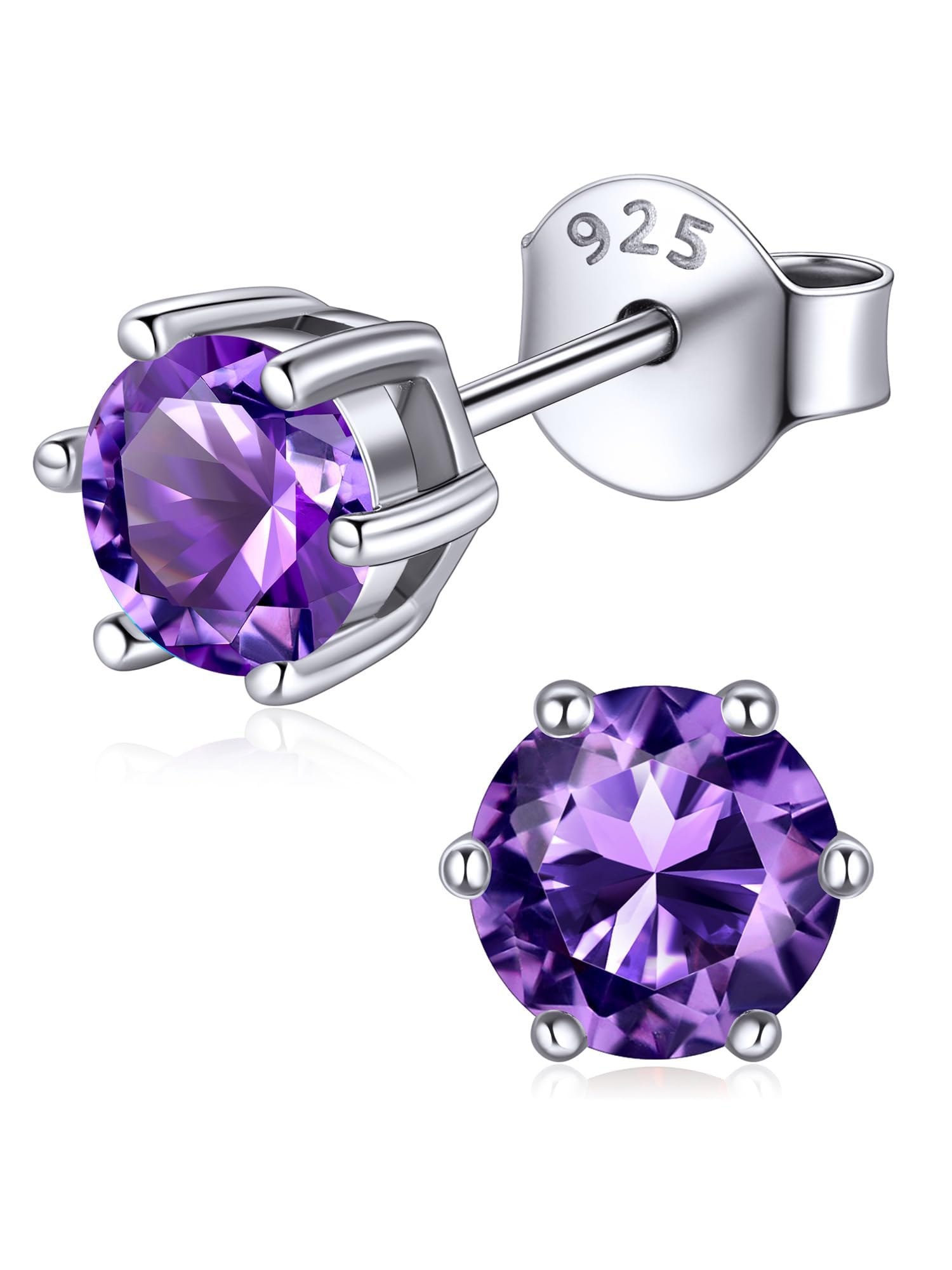 ChicSilver February Birthstone Earrings Sterling Silver Round CZ Stud Earring For Women Simulated Amethyst Gemstone Jewelry