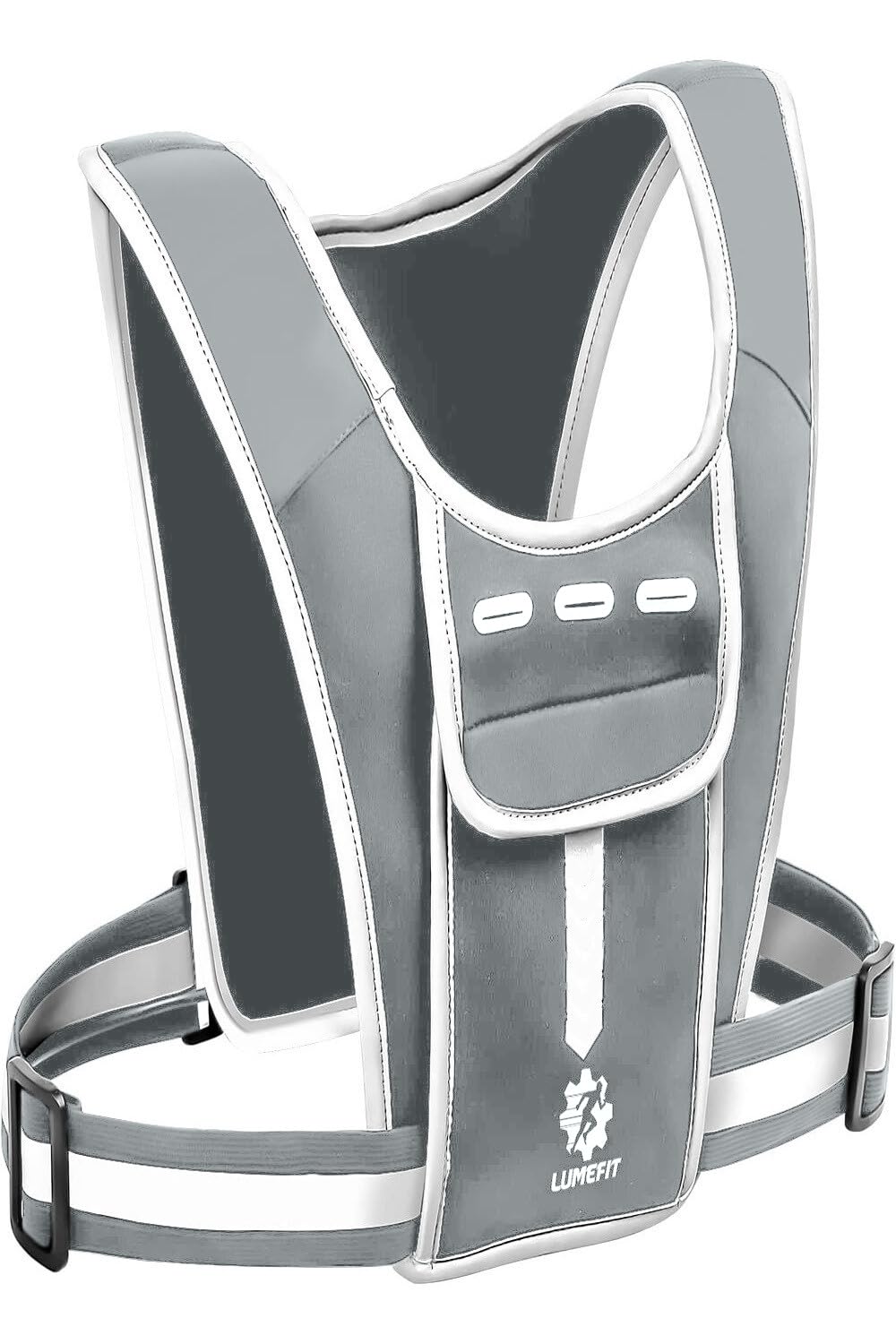 LUMEFIT Running Vest Phone Holder – Practical Jogger Phone Holder – Reflective Running Phone Holder with Water Bottle Pocket and Fixing Rope – Features Headphone Jack and Shoulder Pocket (Grey)