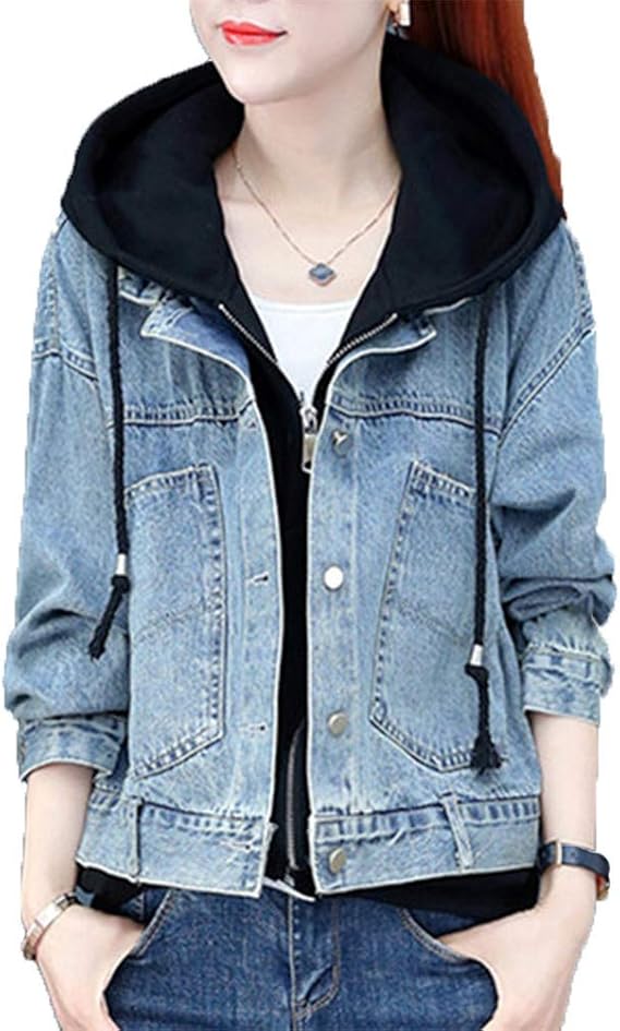 Amazon 美しいです スプリングコート レディース 偽二枚 アウター 春秋 デニムジャケット カジュアル コート チュニック コート ジャケット 通販