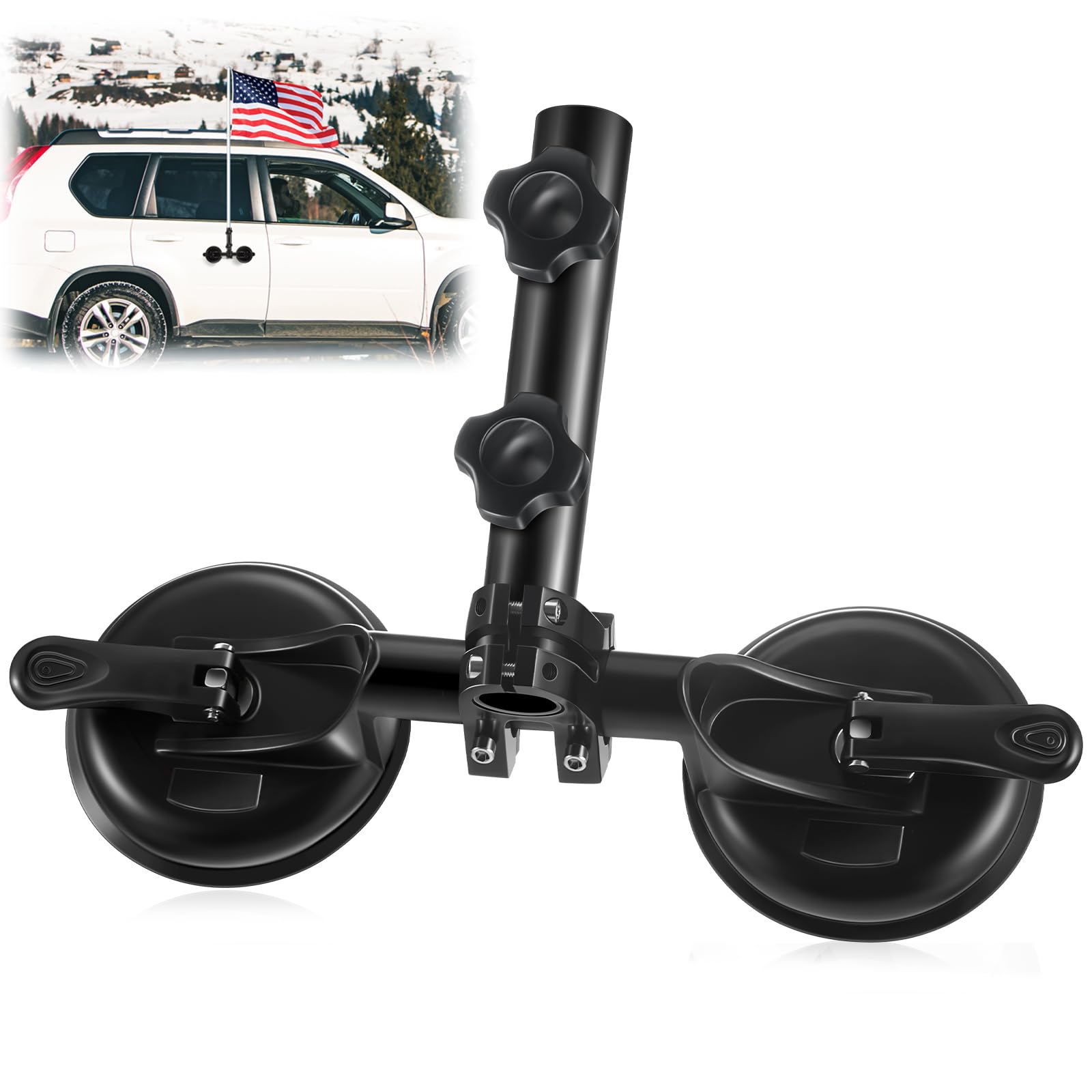 Photo 1 of BBTO 1 Pcs Flagpole Holder with Suction Cup Flag Pole Holder Kit Angle Adjustable with 2 Suction Cups Compatible with Off-Road SUV, Truck, RV, Yacht, Motorcycle ATV, UTV (Black)