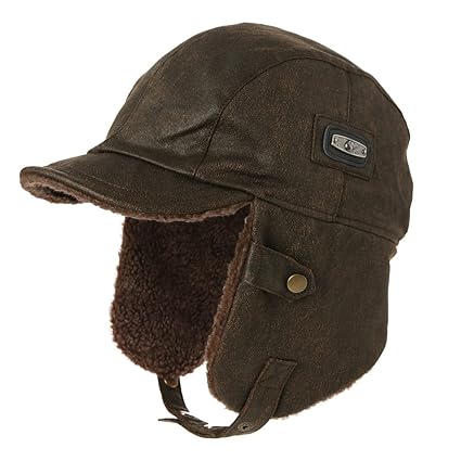 SIGGI warme Trappermütze mit Kunstleder Bomber Hut Unisex Fliegermütze Fellmütze Erwachsenen für Herren